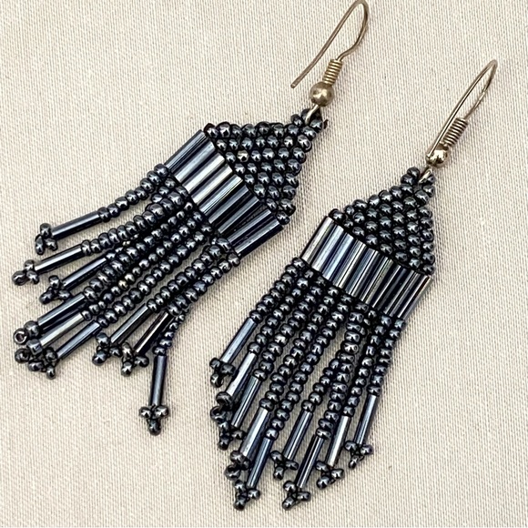 Boho Beaded Earrings Seed Bead Metallic Blue Dangle Drop Fringe - Picture 7 of 8
